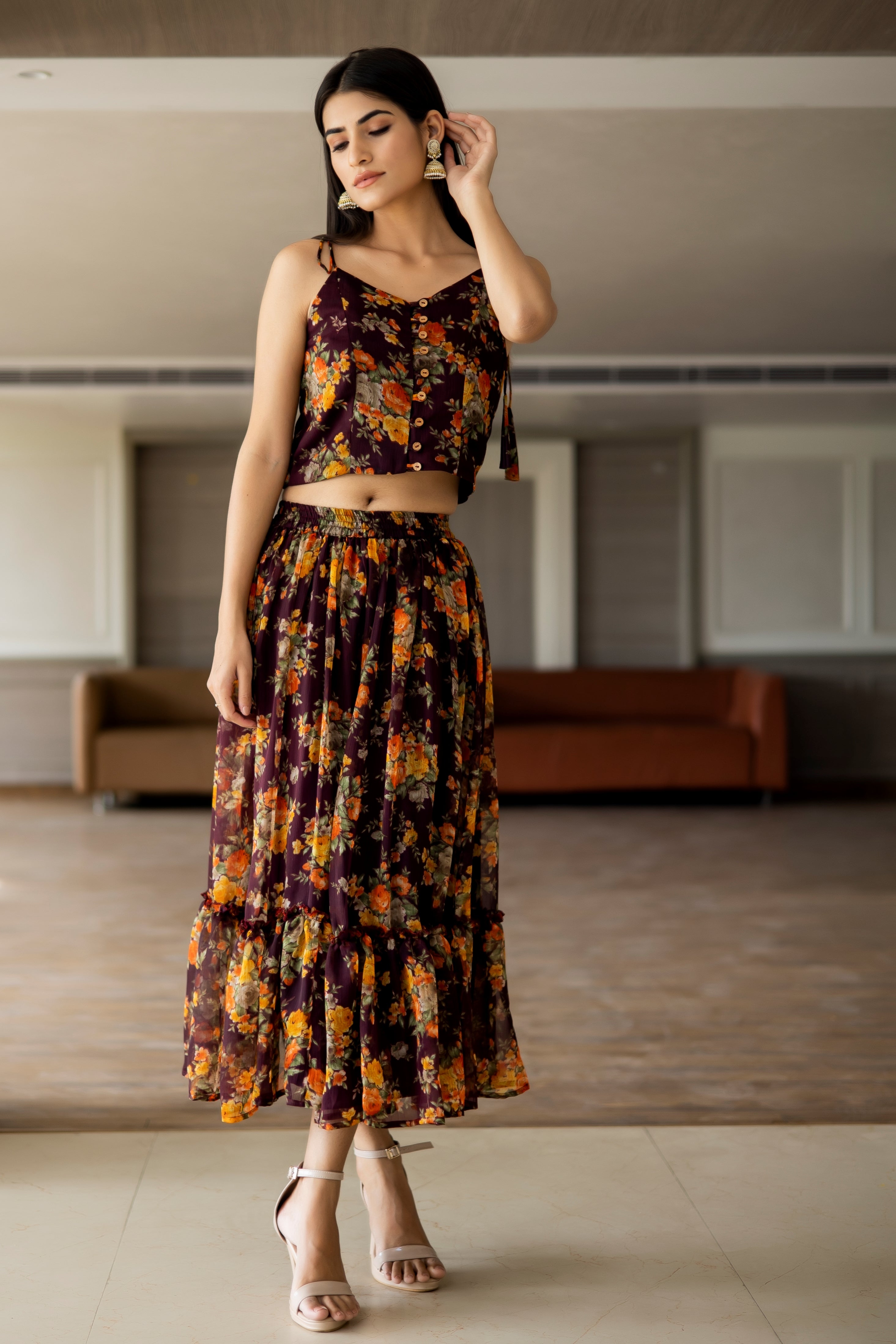 Buy Best BROWN FLORAL SKIRT TOP CO-ORD SET (pack of 2) Co-ord