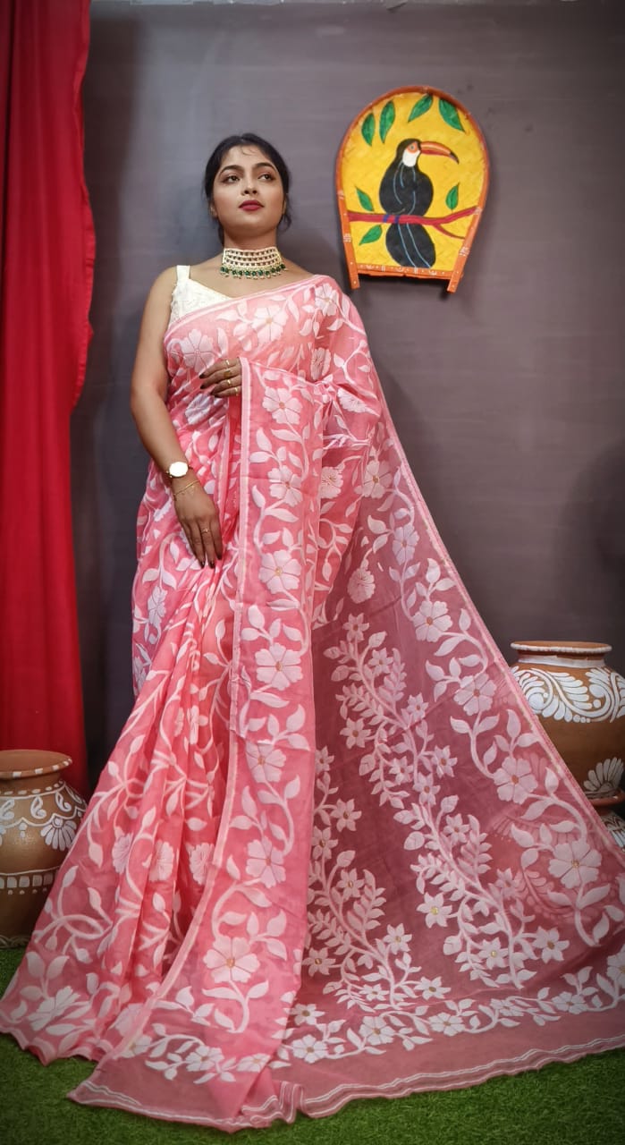 Pink Pure Handloom  Dhakai Jamdani Cotton Saree From Bengal