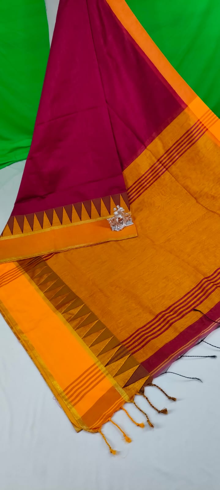 Magenta Yellow Temple Zari Work Cotton Silk Saree From Bangal