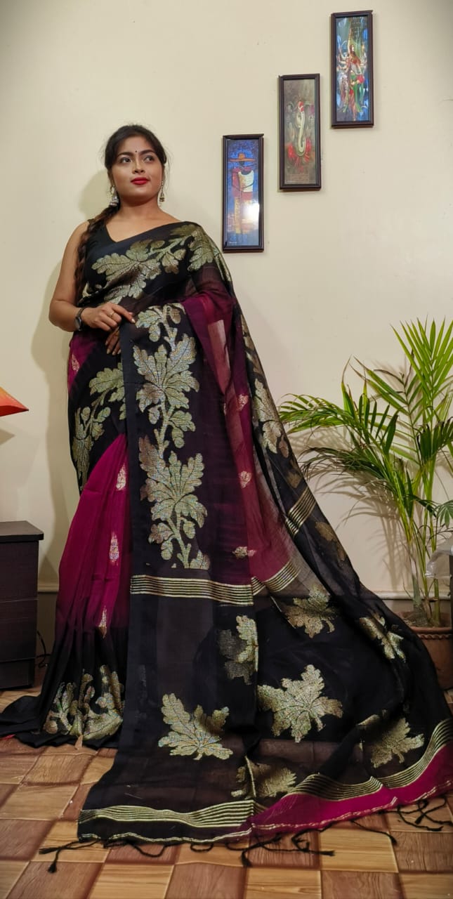 Dark Pink Linen Ikat Flower Design From Bengal