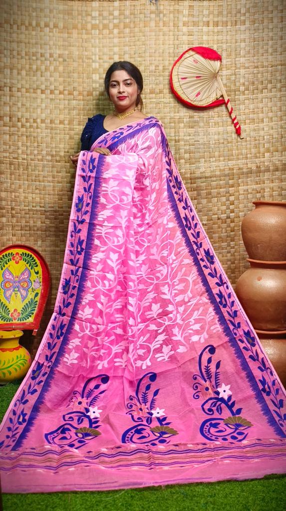 Pink Pure Handloom  Dhakai Jamdani Cotton Saree From Bengal