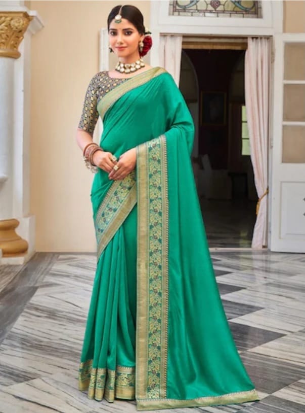 Sea Green Plain Body Handloom Semi Silk Saree From Banaras