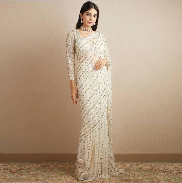 Off White Embroidery Work Georgette Saree