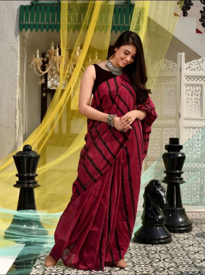 Maroon  Stripes Handloom cotton Saree From Bengal