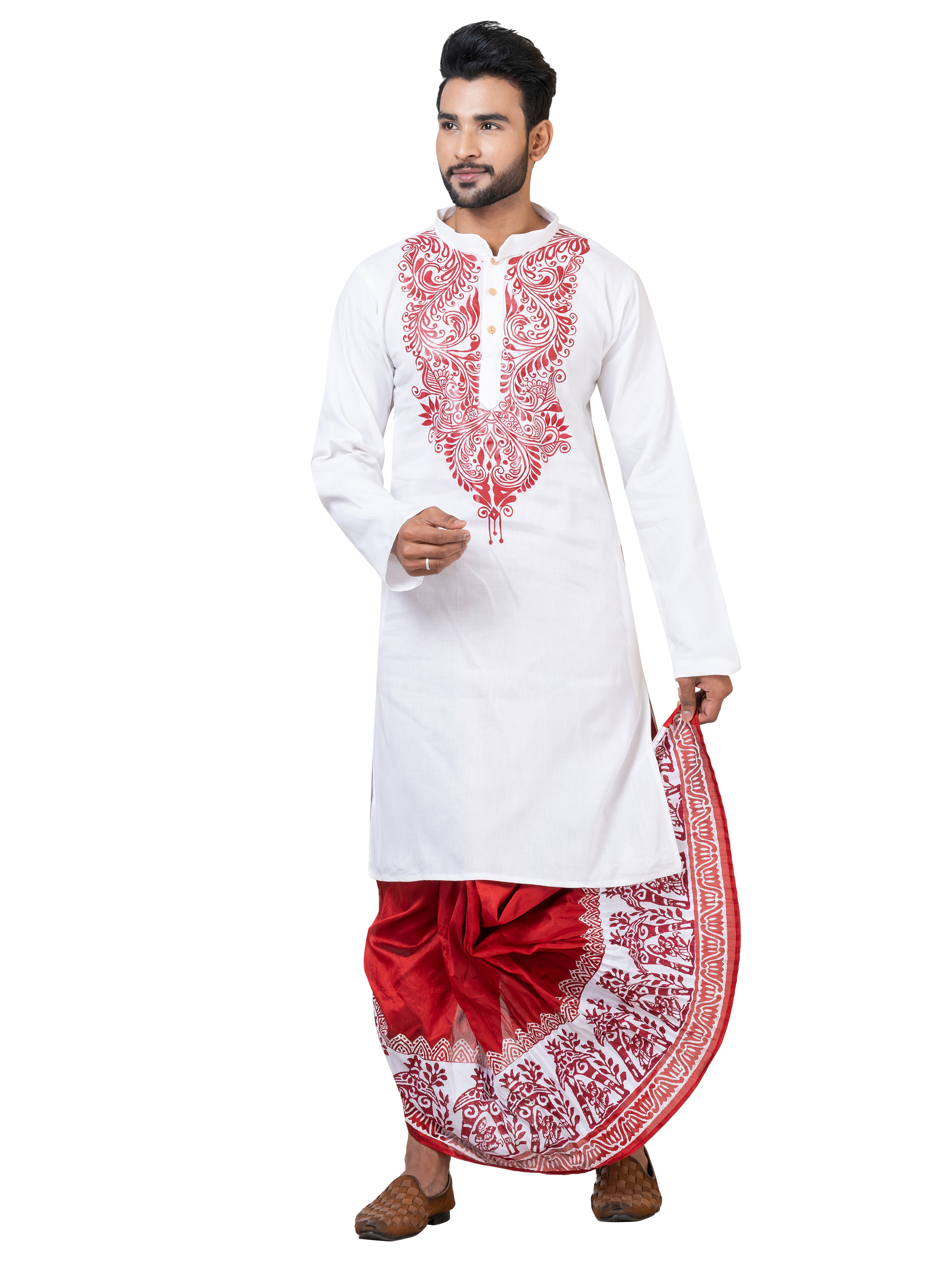 Buy White Pure Cotton Fabric Punjabi Kurta With Silk Dhuti From