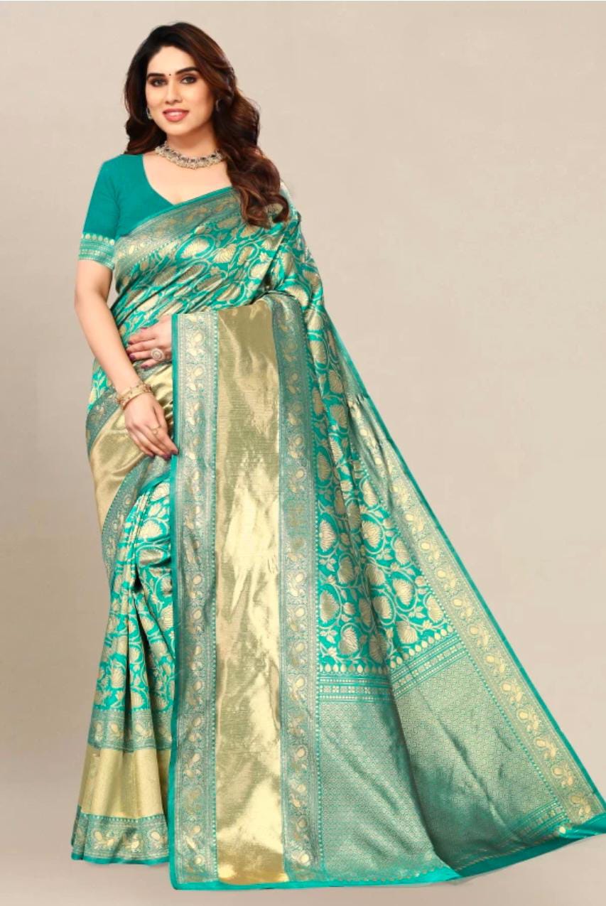Sea Green Flower Design Handloom Banarasi Silk Saree