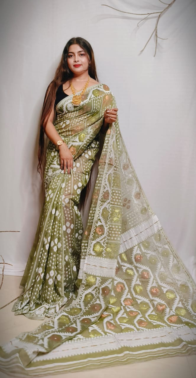 Mehandi Green Pure Handlooms Dhakai Jamdani Cotton Saree From Bengal
