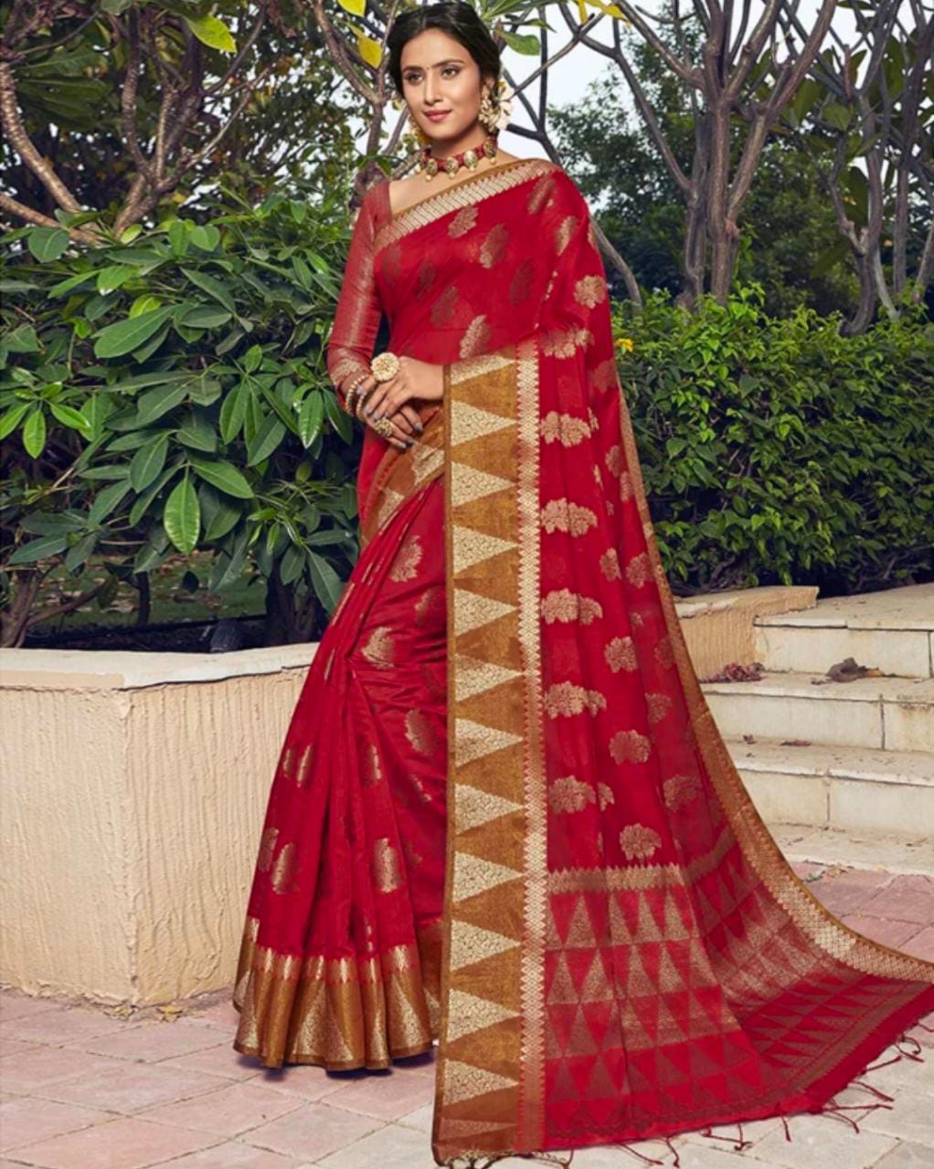 Red Jacquard Handloom Silk Cotton Saree