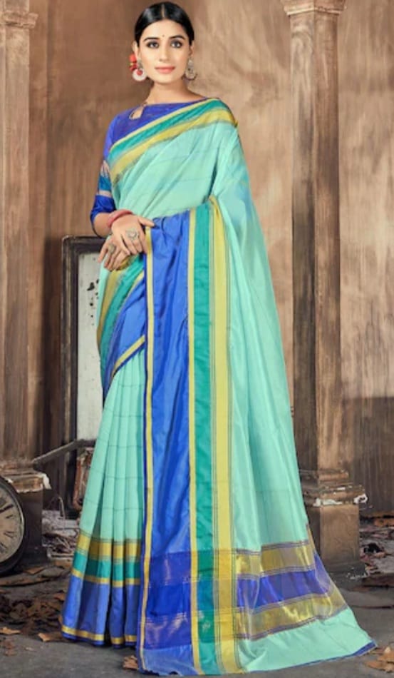 Sea Blue Check Design Handloom Silk Cotton Saree From Banaras