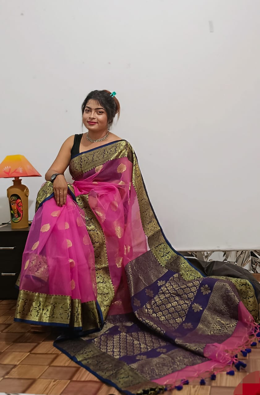 blue and pink banarasi saree