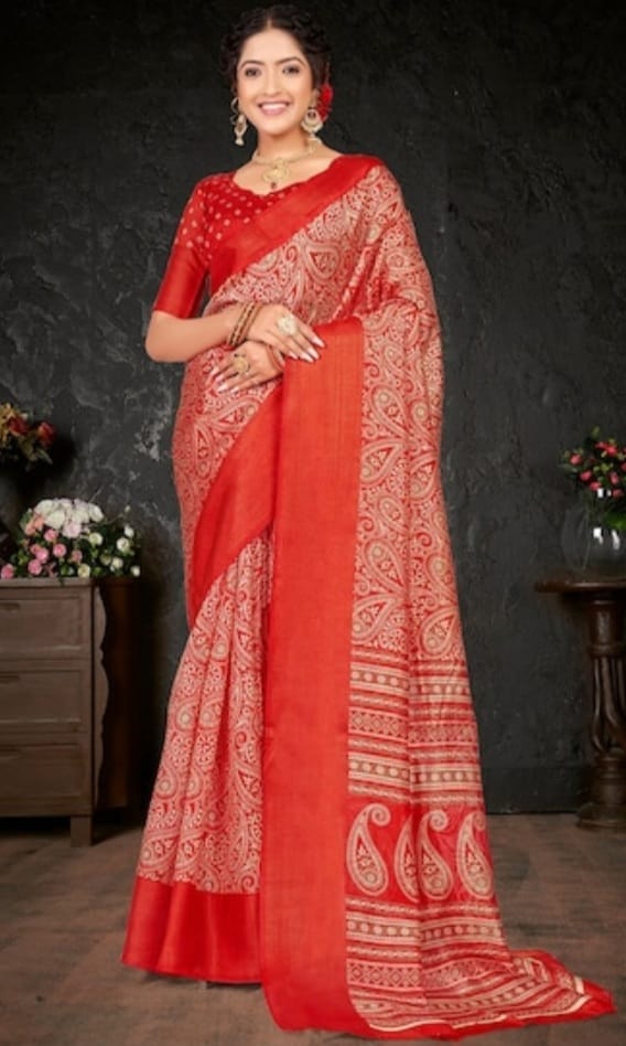 Red Printed Handloom Silk Saree From Banaras