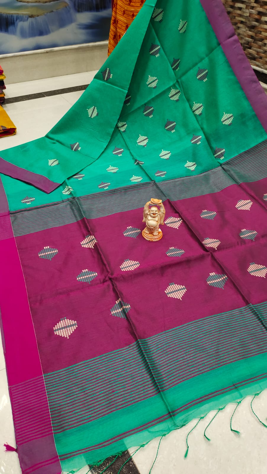Sea Green & Pink Pure Cotton Handloom Saree From Bengal