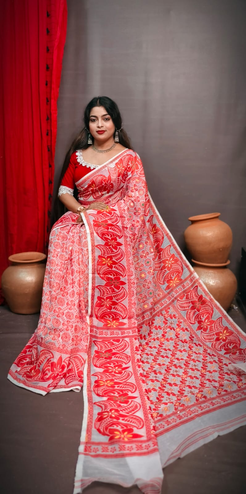 Pink Pure Handloom  Dhakai Jamdani Cotton Saree From Bengal